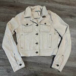 Free People XS Denim Jean Jacket Beige Tan Cropped Boho Trucker